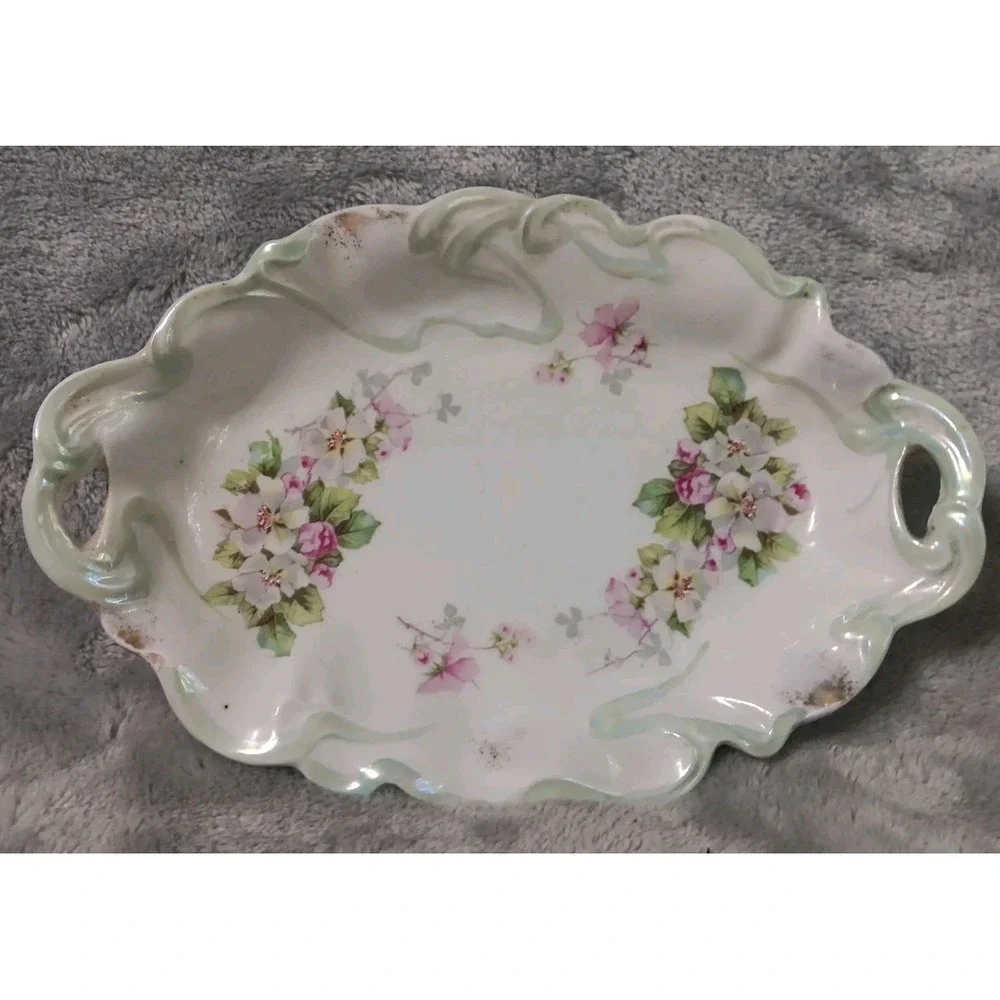 Vtg PROV SXE ES Trinket Dish Tray Gold Green Trim Wild Rose 7